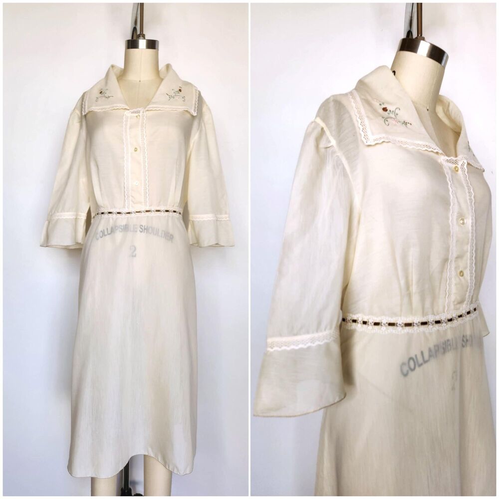 Vintage Floral Large Collar Nightgown Sheer Chemise Ivory Night Gown Dress M - L